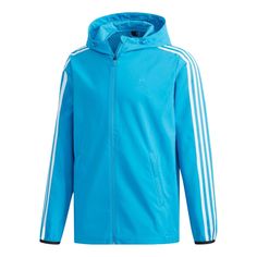 Men's adidas Stripe Athleisure Casual Sports Hooded Jacket Blue DW4621 Adidas Functional Windbreaker With Three Stripes, Adidas Sporty Windbreaker With Three Stripes, Hooded Track Jacket For Light Sports, Spring Sportswear Hooded Jacket For Sports, Spring Sports Hooded Jacket, Adidas Windbreaker With Three Stripes For Sports, Adidas Three Stripes Windbreaker For Sports, Three Stripes Track Jacket For Outdoor Activities, Spring Adidas Track Jacket For Sports