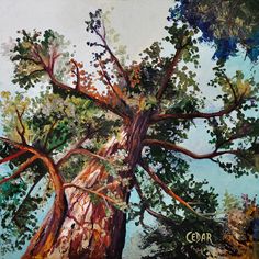 an oil painting of a tree in the woods