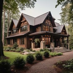 a large wooden house in the woods