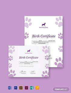 two certificates with purple paw prints on them