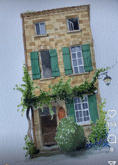 a watercolor painting of a house with green shutters and ivy growing on the windows