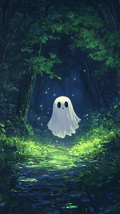 a white ghost floating in the middle of a forest