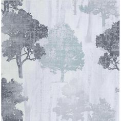 an area rug with trees on it in grey and white colors, including one large tree