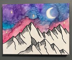 an acrylic painting of mountains and the moon in the night sky with stars