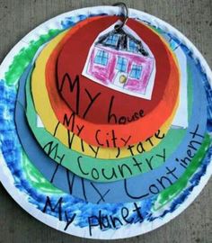 a paper plate that has a house on it with words written in the middle and around it