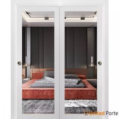 an image of a bedroom through the glass doors to another room with a bed in it