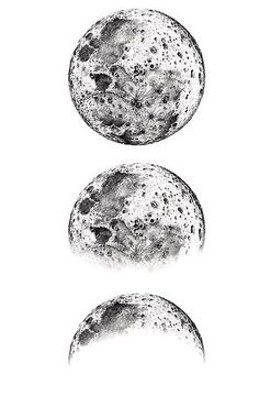 three phases of the moon in black and white