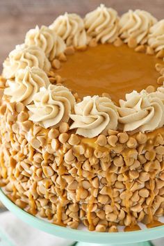 a cake with peanut butter frosting and peanuts on top is sitting on a plate