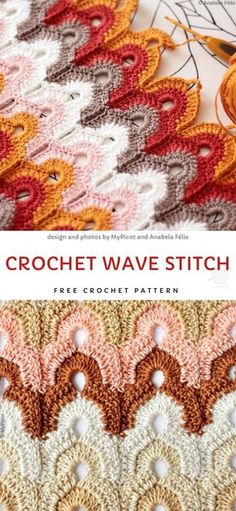 the crochet wave stitch pattern is shown in two different colors and has been made with