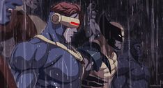 an animated image of two superheros in the rain