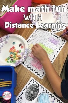 a young boy is doing his math work with distance learning materials on the table in front of him