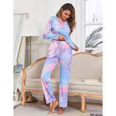 Womens Long Sleeve Tops Pants Two Piece Tie Dye Pajama Set Multicolor Long Sleeve Loungewear Sleepwear, Spring Multicolor Sleepwear, Fun Multicolor Long Sleeve Sleepwear, Spring Tie-dye Tops For Loungewear, Multicolor V-neck Spring Sleepwear, Spring Cottage, Best Pajamas, Silk Pajama Set, Pajama Pant