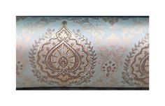 an ornate wallpaper with gold and blue designs on the side, in front of a white background