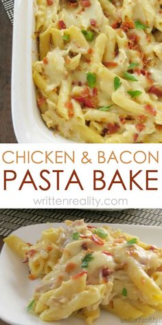 chicken and bacon pasta bake in a casserole dish on a white plate