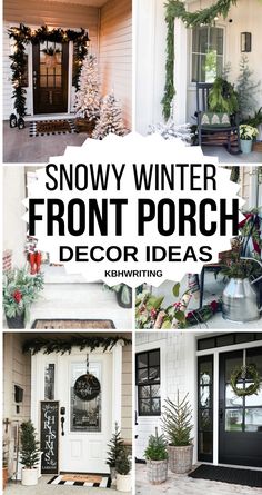 the front porch is decorated for christmas and winter with wreaths, potted plants, and