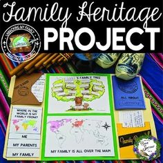 the family heritage project is on display in front of colorful papers and other items that are scattered around it