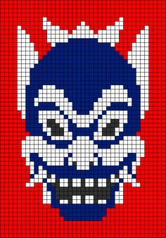 a pixellated image of a blue demon with horns and fangs on it's face