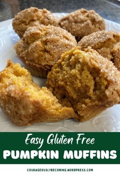 pumpkin muffins on a white plate with the words easy gluten free pumpkin muffins