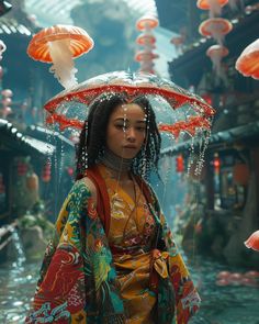 a woman with an umbrella standing in front of some jelly like decorations on her head