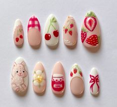 Strawberry shortcake press on nails 🍰❤️ Insta : @nailstanna Nails Strawberry Shortcake, Strawberry Shortcake Nail Art, Simple Strawberry Nails, Cute Nail Polish Designs, Easy Nails Ideas, Cute Strawberry Nails, Seductive Nails, Strawberry Shortcake Nails