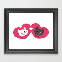 two hearts with cats on them and one has a cat in the middle framed art print