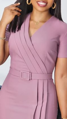 Summer new short sleeve V-neck waist solid color Tunle pencil skirt dress. #summerstyle#summerdress#officewearstyle#officewear Long Mesh Skirt, Medical Scrubs Fashion, Stylish Scrubs, Ankara Dress Styles, 2piece Outfits, Corporate Dress, Bodycon Evening Dress, Chic Dress Classy, Work Dresses For Women