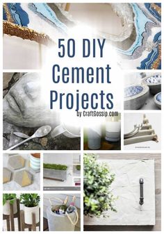 the cover of 50 diy concrete projects by craftgosp com is shown in blue and white