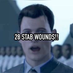 a man in a suit and tie with the words 28 stab wounds