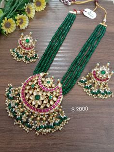 Jadau fine Pacchi kundan set long necklace, Indian necklace with earrings, Wedding Jewelry, Pendant Set , Green Beads Necklace, Long Haaram Making time 1 week This product is handmade & hence the product can be non-uniform & vary in color & texture. If u are looking like a Princesses in your Wedding then go with this Grand Necklace Fashion Empire gives you new look, Made of high quality material(s). This is very Designer Necklace Set, Its A Choice Of Many Bollywood Celebrities. Trust me, it is m Green Emerald Necklace Indian, Green Beads Jewellery Designs, Jadau Pendant Set, Green Jewellery Set, Kundan Pendant Set, Long Necklace Indian, Green Beads Necklace, Rakhi 2024, Jadau Jewellery