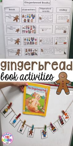 the gingerbread book activities are displayed in front of a white board with pictures on it