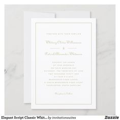 a white wedding card with gold foil lettering on the front and bottom, featuring an elegant script