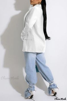 Olivia Mark - Professional White Work Outerwear with Button-Back Collar and Solid Patchwork Design Casual Office Wear Blazer In Solid Color, Casual Blazer For Office Wear, Casual Office Wear Blazer, Casual Office Blazer In Solid Color, Plain Lapel Collar Outerwear For Work, White Blazer With Pockets For Office, White Office Blazer With Pockets, Casual Double Button Blazer For Work, Solid Color Lapel Collar Blazer For Work