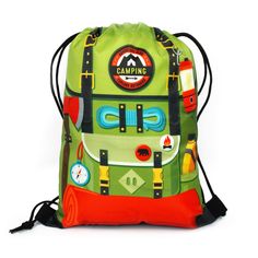 a green and red backpack with various items on the front, including an orange handle