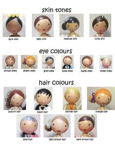 the different types of dolls are shown in this image, including hair colors and skin tones