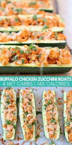 zucchini boats with chicken and garnishes on them