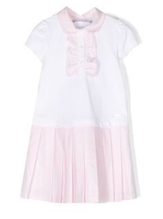 white/light pink contrasting pinstripe pattern ruffled detailing front button placket polo collar short sleeves pleated skirt White Summer Dress With Ruffled Collar, Cotton Collared Dress With Striped Collar, White Cotton Dress With Ruffled Collar, Classic Summer Dress With Striped Collar, Preppy White Ruffled Dress, White Dress With Ruffles And Peter Pan Collar, Elegant White Dress With Striped Collar, Cotton Short Sleeve Dress With Striped Collar, Striped Short Sleeve Dress With Ruffles