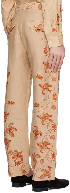 Straight-leg linen canvas trousers. Floral pattern embroidered throughout. · Adjustable cinch tabs at waistband · Four-pocket styling · Zip-fly · Full cotton poplin lining Supplier color: Pink Casual Linen Bottoms With Floral Embroidery, Embroidered Linen Wide-leg Bottoms, Pink Body, Bougainvillea, Cotton Poplin, Top Brands, Floral Pattern, Straight Leg, Women Wear