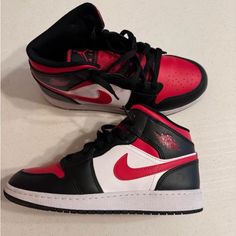 Size 7.5, Like New. Jordan 1 Mid Rise In Red, Black, And White. Black White Nike Shoes, Nike Shoes Jordan, Shoes Jordan 1, Black White Nike, Red Jordans, White Nike Shoes, Nike Shoes Jordans, Shoes Jordan, Cute Nike Shoes