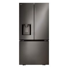 a stainless steel refrigerator freezer with water dispenser and ice maker on the door