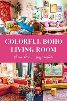 colorful boho living room with lots of furniture and decor on the walls in different colors