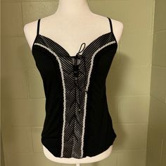 Sexy Black Spaghetti Strap/Camisole With Corset Front Detail And Lace Underlay. Straps Are Adjustable And Cotton Fabric, Nwt. Lace Up Tank Top, Black Spaghetti, Black Spaghetti Strap, Spaghetti Strap, Spaghetti, Cotton Fabric, Lace Up, Womens Tops, Tank Tops