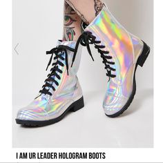 Super Cute Holographic Combat Boots From Dollskill! Sold Out! Perfect For Festivals Or Halloween! Silver Holographic Color, True To Size. Brand New In Box! Holographic Boots, Goth Platform Boots, Boots Demonia, Rave Shoes, Holographic Fashion, Orange Boots, Survival Knives, Converse Outfits, Boots Silver