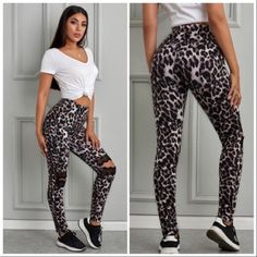 Hollow Out Leopard Printed Skinny Leggings Lace Detail!! Stretchy! Casual Fitted Leopard Print Leggings, Black And Grey Leopard Leggings, Casual Skull Print Stretch Leggings, Stretch Leopard Print Yoga Bottoms, Multicolor Graphic Print Stretch Leggings, Leopard Print Stretch Full-length Bottoms, Lace Detail, Pant Jumpsuit, Leopard Print