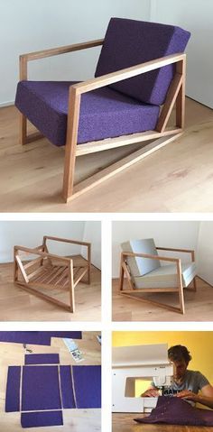 four different images of a couch and chair made out of plywood, with the same person working on it