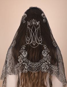 Mantveil Catholic Mantilla Rectangle Scarf: Traditional Black, White or Balck Gold Rose Lace Virgin Symbol Embroidery Veil - Etsy Black Embroidered Shawl For Wedding, Black Wedding Dupatta With Lace Work, Black Dupatta With Lace Work For Wedding, Black Bohemian Shawl For Wedding, Elegant Black Church Veil, Embroidery Veil, M Symbol, Traditional Tattoo Art, Rose Lace