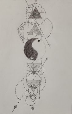 an artistic drawing on paper with various shapes and lines in the shape of a bird