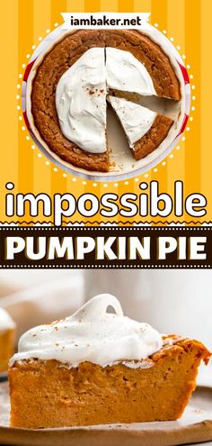 pumpkin pie with white frosting on top and the words impossibleble pumpkin pie below