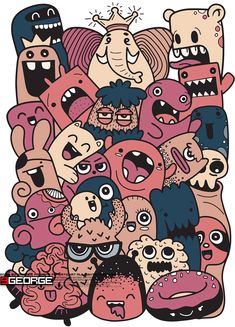 a bunch of cartoon characters are grouped together to form a large group with their mouths open