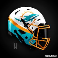 a miami dolphins football helmet on a black background with an orange and blue stripe around it