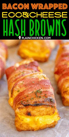 bacon wrapped egg and cheese hashbrowns on a baking sheet with text overlay